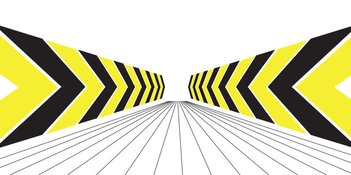 Yellow and black chevron warning arrows vector set with linear perspective road lines, industrial hazard grid background, under construction traffic concept isolated on white.