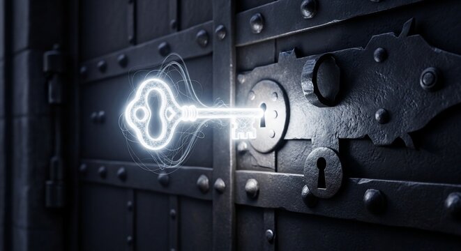 Glowing key entering keyhole