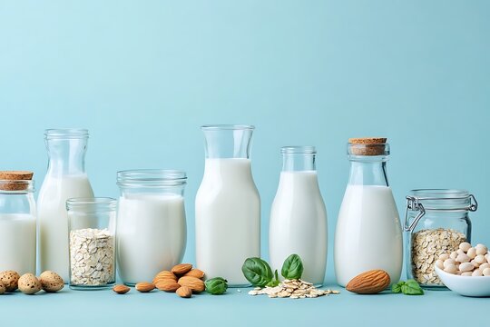 Assortment of plantbased milk in glass bottles with raw ingredients