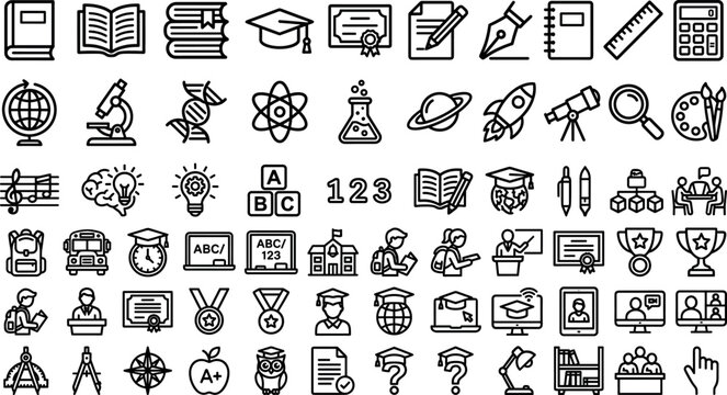 Education school university graduation and e learning study line icons set for online course student website application UI graphic elements