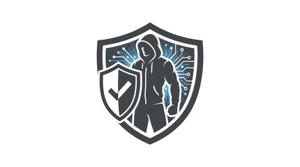 Fototapeta premium Hooded figure with shield logo icon.