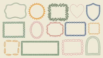 Ornamental frames and borders in colorful geometric and floral styles arranged on beige background for creative decorative artwork © Abdul Waheed Studio