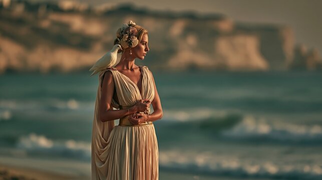 Serene Goddess by the Ocean Shoreline