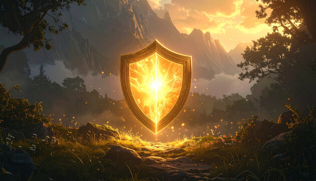 Glowing shield in natural landscape