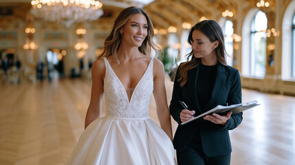 Fototapeta premium Bride and wedding planner walking together through empty ballroom venue during site walkthrough, clipboard in planner's hand noting ceiling height, both looking upward evaluating chandelier placemen