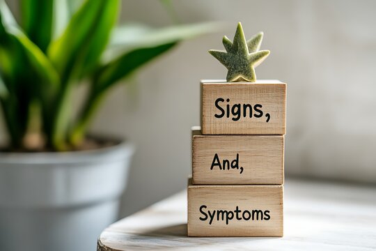 Wooden blocks with the words signs, and, symptoms stacked on a wooden surface