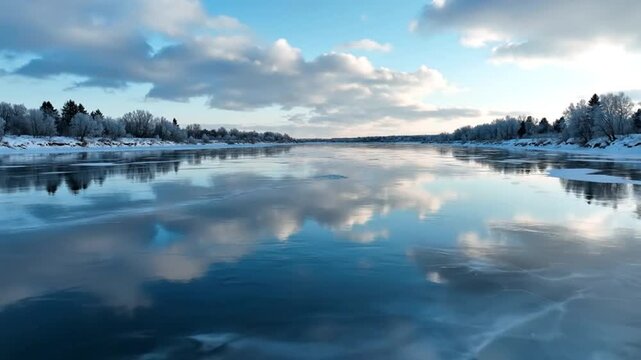 Winter river landscape with icy surface and reflective sky under cloudy blue daylight