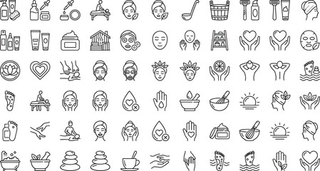 Fototapeta premium Spa and wellness beauty line icons set featuring massage therapy facial treatments skincare products and salon relaxation elements for commercial website design