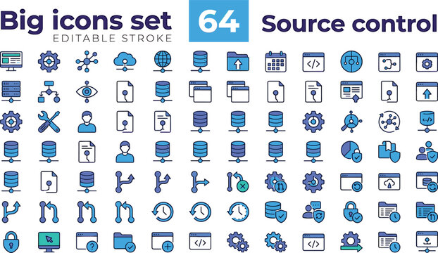 Source control version development color line icons set featuring server databases network branch code repository symbols for software programming UI