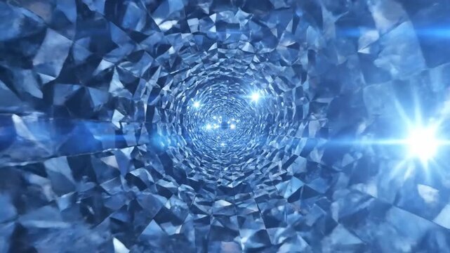 Abstract Blue Diamond Tunnel with Sparkling Light Reflections and Geometric Facets.