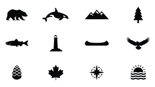 Pacific northwest nature and wildlife silhouette icons set with bear orca mountains tree.