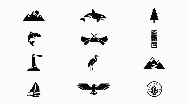 Set of isolated black vector icons featuring maritime landscape and nature wildlife art.