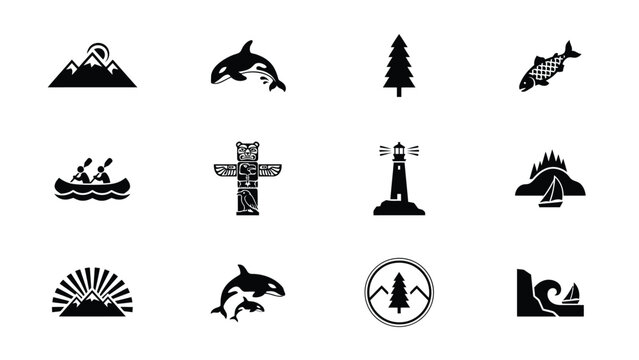Monochrome vector icon set showcasing scenic nature views and cultural totem pole design.