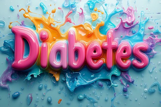 3d glossy pink diabetes text with vibrant colorful paint splashes