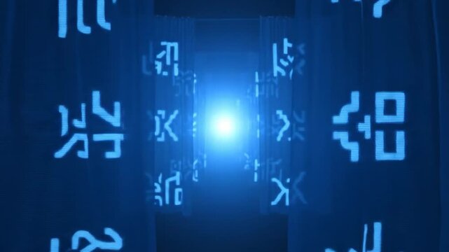 Abstract Blue Digital Data Stream with Glowing Light and Futuristic Symbols