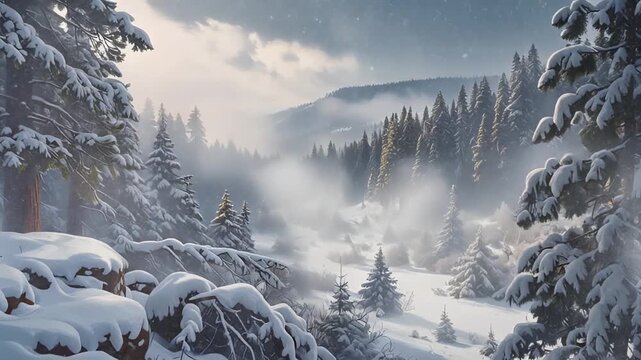 Cinematic Oregon forest snowfall drifting gently through towering pine trees creating serene winter atmosphere