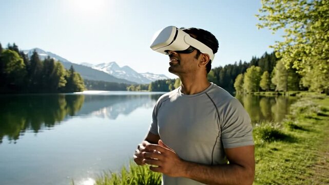 Man wearing VR headset enjoys virtual reality experience near lake.