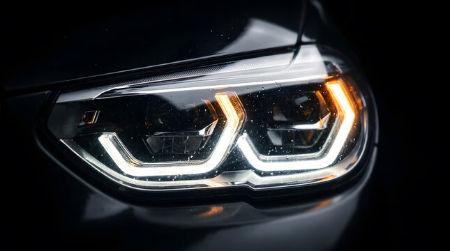 Modern car LED headlight glowing in the dark, close up view