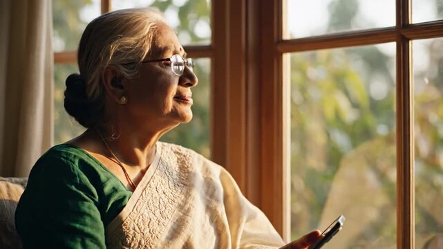 Elderly woman using smartphone near window, enjoying technology and connection.