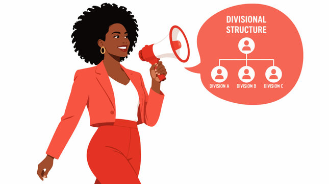 Confident businesswoman speaking into megaphone with organizational chart.