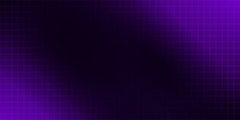 Purple glowing neon wireframe background. Shining checkered vertical grid planes in perspective. Retro futuristic depth wallpaper. Arcade game sci fi matrix surface backdrop for poster, banner. Vector © alikhsan