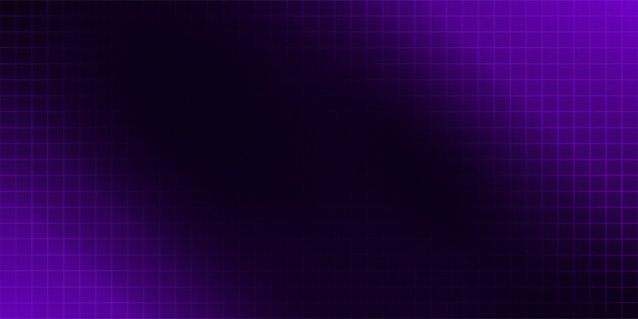 Purple glowing neon wireframe background. Shining checkered vertical grid planes in perspective. Retro futuristic depth wallpaper. Arcade game sci fi matrix surface backdrop for poster, banner. Vector