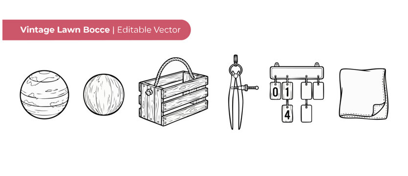 Vintage lawn bocce vector set featuring outline drawings of balls wood crate basket measure caliper tool scoring tag with cleaning cloth for classic backyard family garden sports recreation designs.