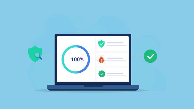 Animated flat vector illustration of a laptop displaying a cloud security dashboard with progress indicator, shield protection, and verification icons. Modern cybersecurity, cloud protection, and secu