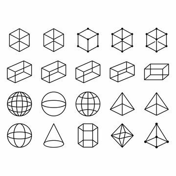 A collection of various geometric 3D shapes including cubes, spheres, pyramids, cones, cylinders, and rectangular prisms, presented as minimalist outlines.