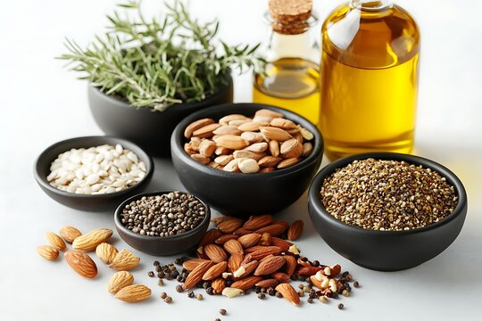 Assorted nuts, seeds, herbs, and cooking oil isolated on white background
