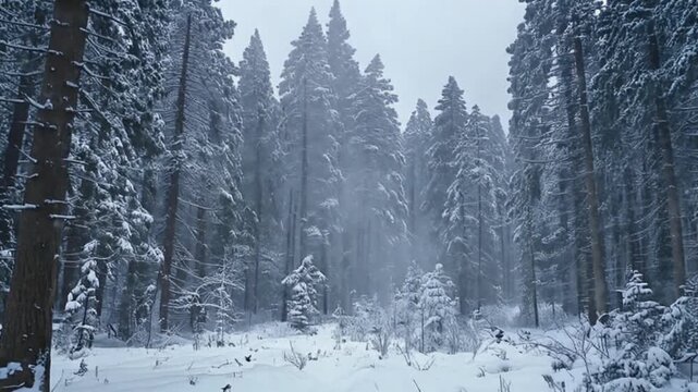 Snow covered Oregon pine forest with slow drifting flakes and tranquil wilderness winter ambience