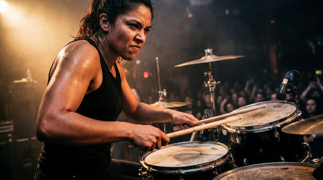 Rock music female drummer playing drums powerful expression for concert performance celebration entertainment marketing greeting card poster design