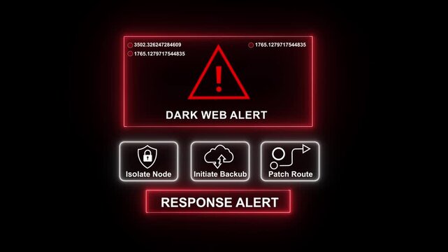 Cybersecurity dark web alert interface with red warning digital data streams, and emergency response system controls for network defense, hacking protection, and advanced information security analysis