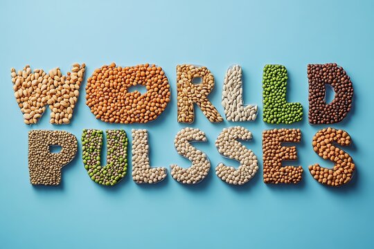 World pulses text made of various legumes and beans on a blue background