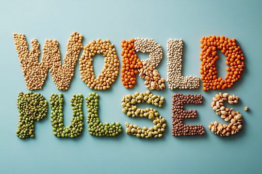 World pulses spelled out with various types of dried legumes and beans