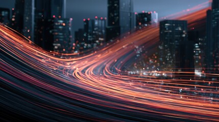 Obraz premium Digital communication flow, fiber optic streams connecting skyscrapers, futuristic city network glow. 