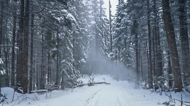 Cinematic winter woodland in Oregon featuring graceful snowfall through dense evergreen pine canopy