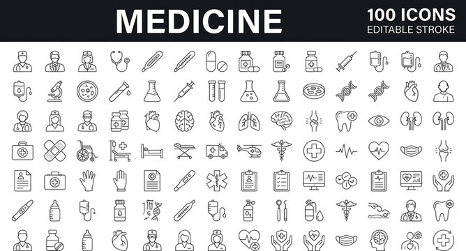 Medical healthcare hospital clinic laboratory and professional staff pharmacy medicine outline line icons set for application presentation website UI design elements
