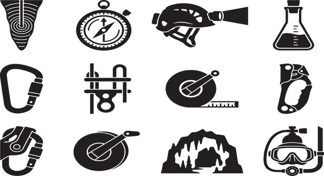 Collection of black and white for outdoor adventure and exploration climbing gear carabiner compass helmet