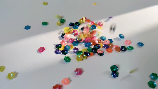Shimmering flower-shaped sequins gently floating upward on white background in slow motion