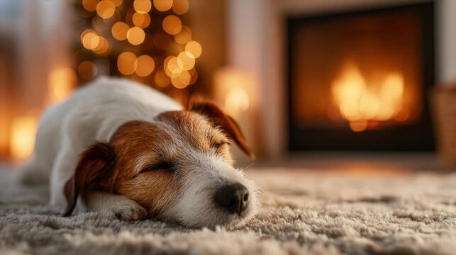Sleeping Dog Resting by Cozy Fireplace in Warm Home Interior