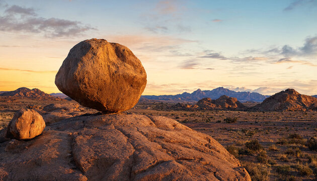 A large, rounded desert boulder sits balanced on a rocky outcrop in a vast arid landscape under a warm, glowing sunset sky with distant hills