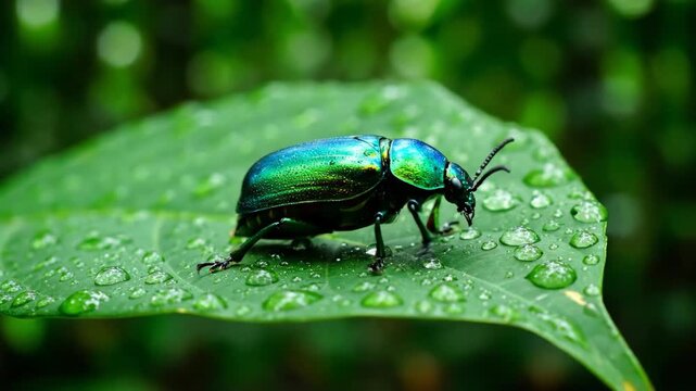 Close-up of a shiny green beetle on a wet green leaf with water droplets in nature.