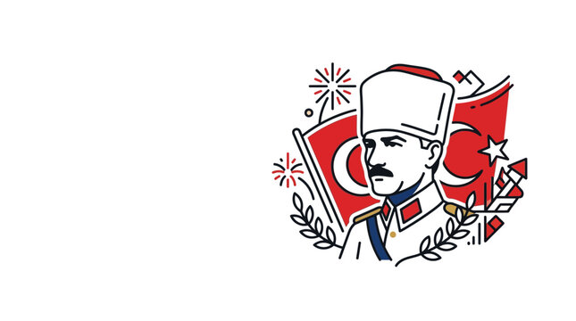 Mustafa Kemal Ataturk Illustration with Turkish Flag for National Commemoration