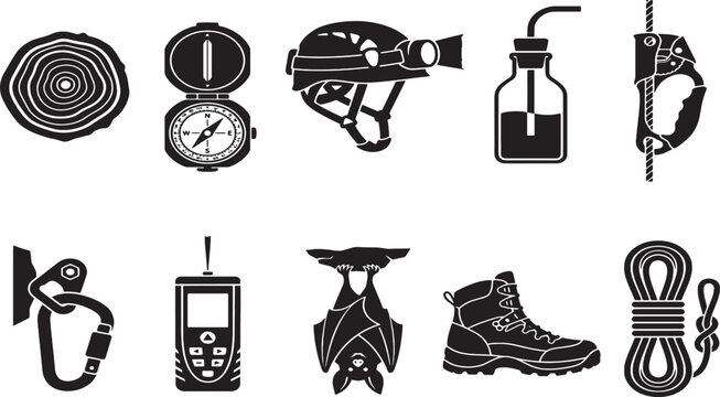 Collection of black silhouette for caving and climbing gear equipment silhouettes
