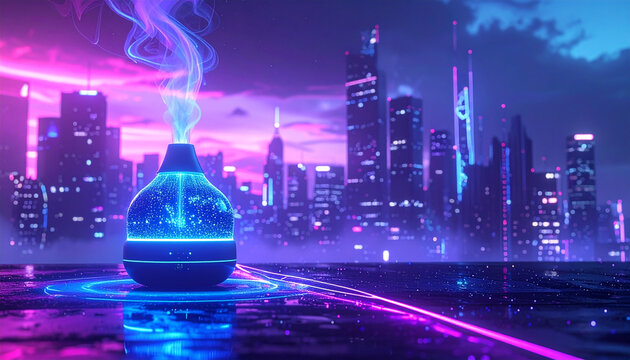 Glowing reed diffuser futuristic cityscape neon light vapor trail blue glow purple sky digital art 3d render aromatic mist home fragrance