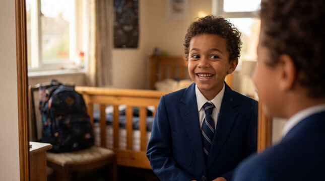 Back to school boy trying new uniform with happy expression for education learning preparation celebration marketing greeting card poster design