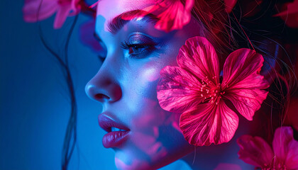 Naklejka premium Female portrait flower pink blue face profile beauty macro artistic double exposure woman closeup neon studio glamour skin makeup eye lip hair petal blossom bloom floral abstract surreal color