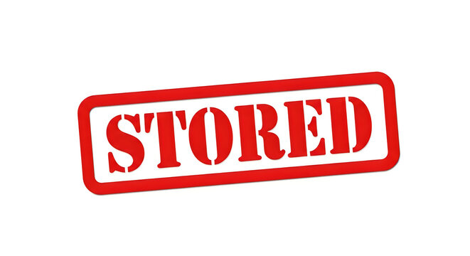 A bold and dynamic red rectangular stamp with the word stored embossed in a white cursive font, implying official storage or certification