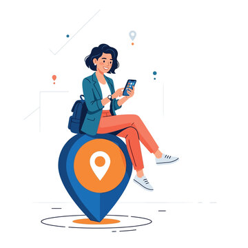 Female traveler sitting on a giant map marker using a smartphone for navigation and digital wayfinding